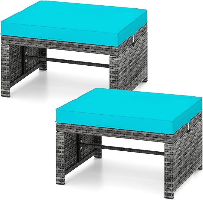 Tangkula 2 Pieces Patio PE Rattan Ottomans, Multipurpose Outdoor Footstool Footrest Additional Seating Side Table with Soft Zippered Cushions for Deck, Garden, and Yard (Turquoise)-Ruum Studio Home