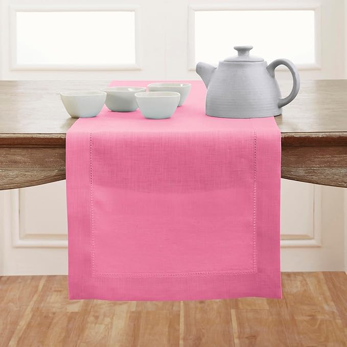 Solino Home Linen Flamingo Pink Hemstitch Table Runner 60 Inches - 100% Pure Linen Small Table Runner 14 x 60 Inch Ideal for Dresser and Coffee Tables - Classic Hemstitch, Halloween-Ruum Studio Home