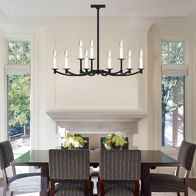 Round Black Chandeliers, Modern Candle Hanging Lights, LED Pendant Lighting Ceiling for Dining Room Bedroom Kitchen Island Farmhouse Living Room (Black-A 9Lights)-Ruum Studio Home