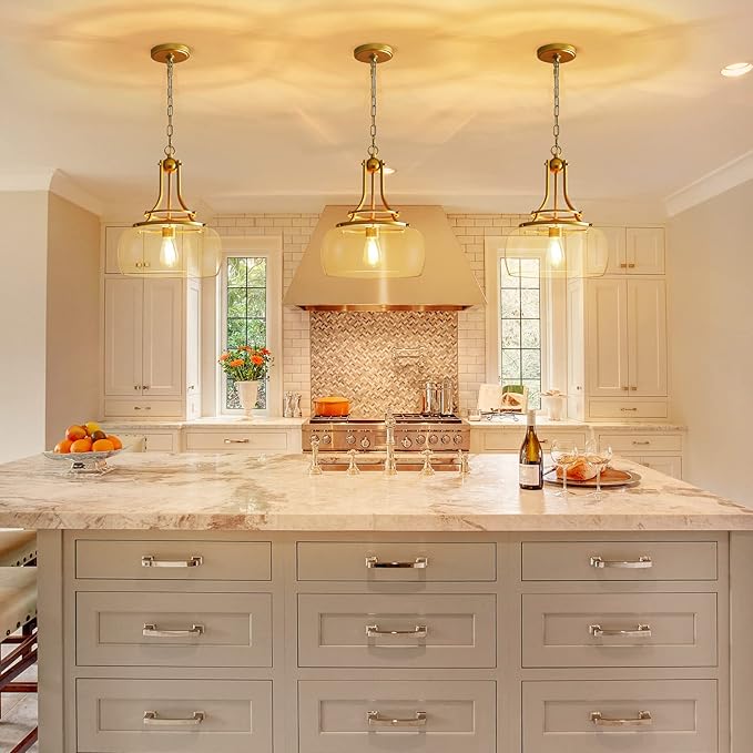 WUZUPS Chandelier Rustic Farmhouse Industrial Round Ceiling Pendant LED Light Fixture with Clear Glass Shades for Dining Room Kitchen Island Foyer Entryway, H 17" x W 13.4", E26 Base, Gold-Ruum Studio Home