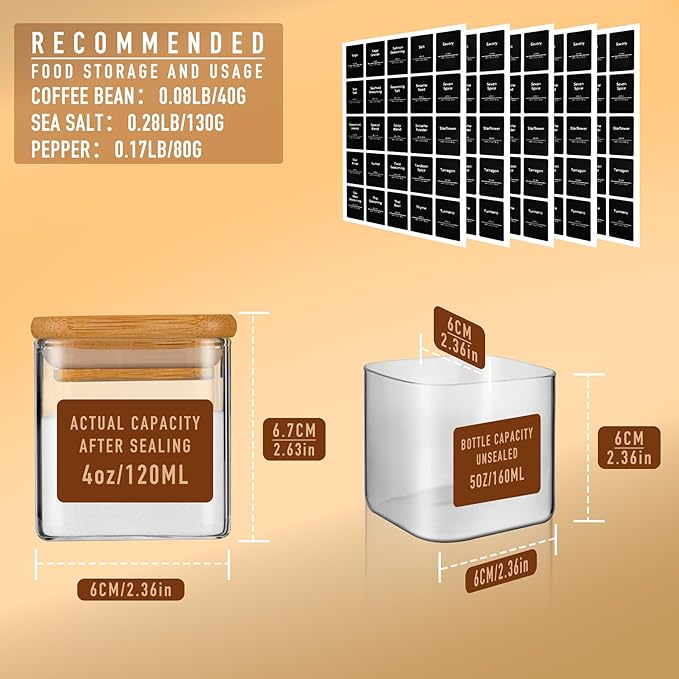 5oz Airtight Square Spice Containers with Bamboo Lid Set of 12 with Black Lables Storage Stackable Spice Jar, Kitchen Canister for Sugar, Tea, Flour, Salt and Seasonings (‎Clear Glass)-Ruum Studio Home