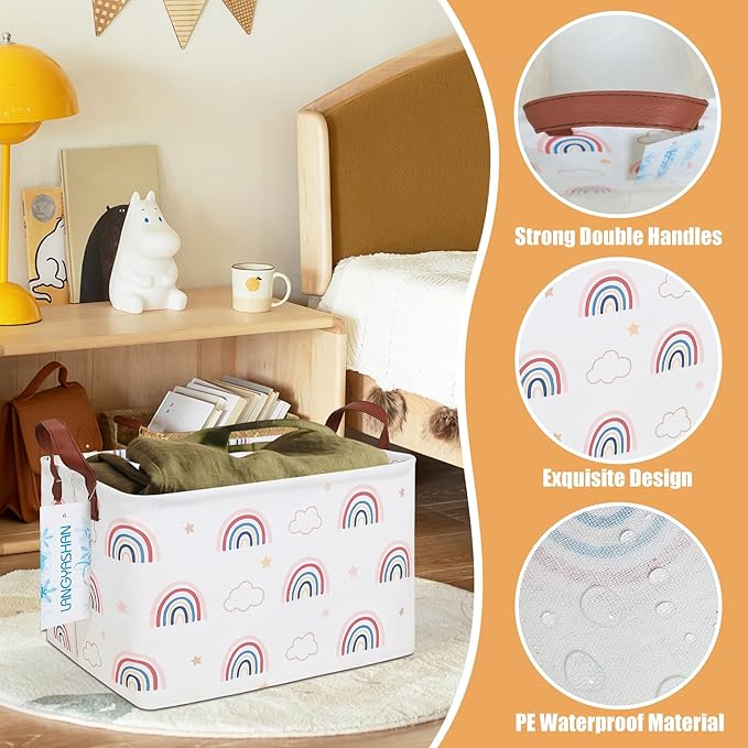 LANGYASHAN Rectangular Storage Bin Collapse Canvas Fabric Cartoon Storage Basket with Handles for Organizing Home Kitchen Boys and Girls Toys Office Closet Shelf Baskets(Rec Cloud Rainbow)-Ruum Studio Home