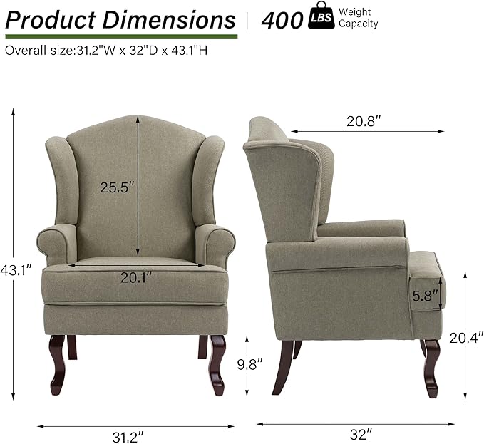 Accent Chair, High Back Upholstered Armchair with High Resilience Sponge & Wood Legs, Mid-Century Modern Comfy Single Sofa Reading Chairs for Living Room, Bedroom (Light Camel, Set of 2)-Ruum Studio Home
