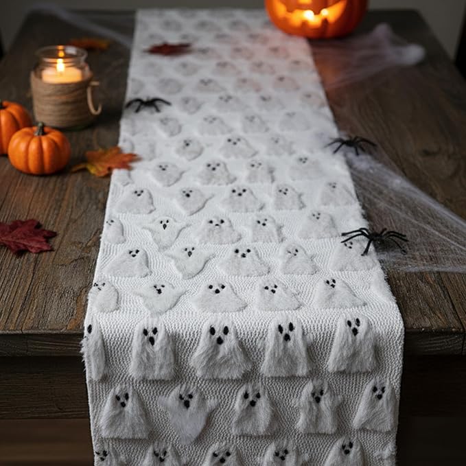 Halloween Table Runner Ghost Soft Plush Faux Fur Halloween Table Runner Hallowee Home Decor, Holiday Kitchen Dining Table Decoration for Home Party Decor 13x72 Inch-Ruum Studio Home