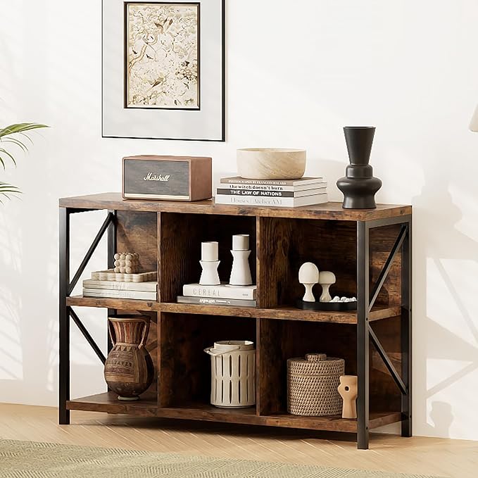 6 Cube Storage Organizer Bookshelf, Industrial Horizontal Bookcase, Accent Cubby Shelf, Media Console Table for Living Room, Home Office, 47.2 Inches, Rustic Brown-Ruum Studio Home