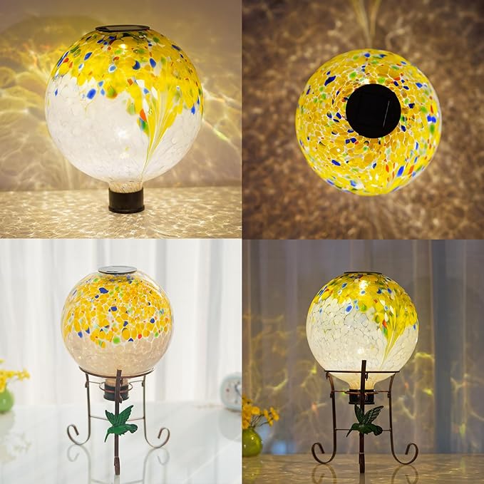10" Diameter Solar Gazing Ball and 8.5" Metal Stand Indoor Outdoor Yard Art Ornament Coloful Spot Glass Globe Sphere Solar Gazing Balls for Garden,Lawn,Porch,Patio Birthday Gifts for Women,Mom-Ruum Studio Home