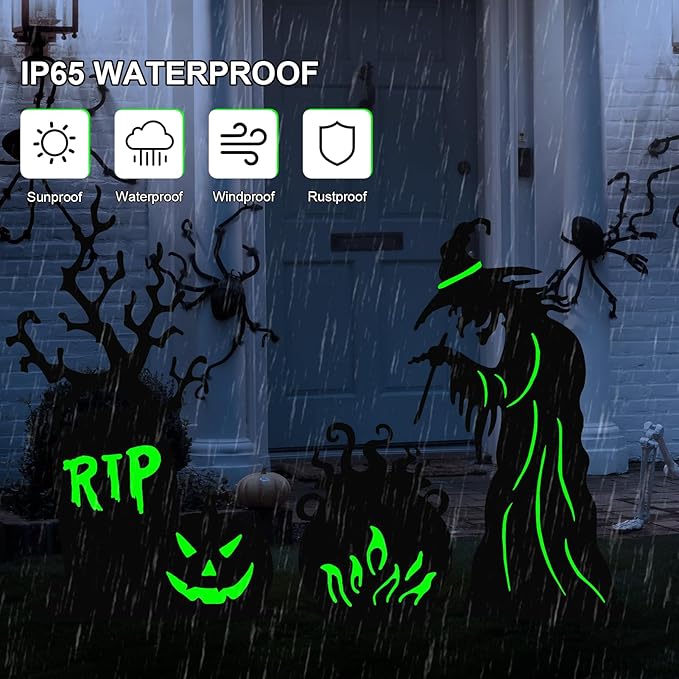 Halloween Yard Signs Outdoor Decorations，3 Pack Warerproof Scary Witch Tombstone Cauldron Fluorescent Metal Stakes Glow in The Dark for Lawn Garden Halloween Decor (Witch Tombstone Cauldron)-Ruum Studio Home