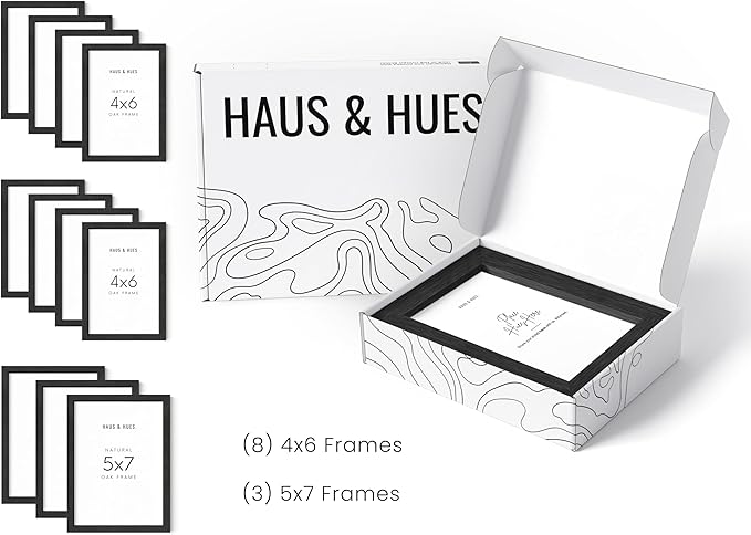 HAUS AND HUES Black Oak Wood Gallery Wall Tabletop Frames Made with Real American Oak and Shatter-free Plexiglass - Set of 11 (Eight 4x6, Three 5x7, Framed Black)-Ruum Studio Home