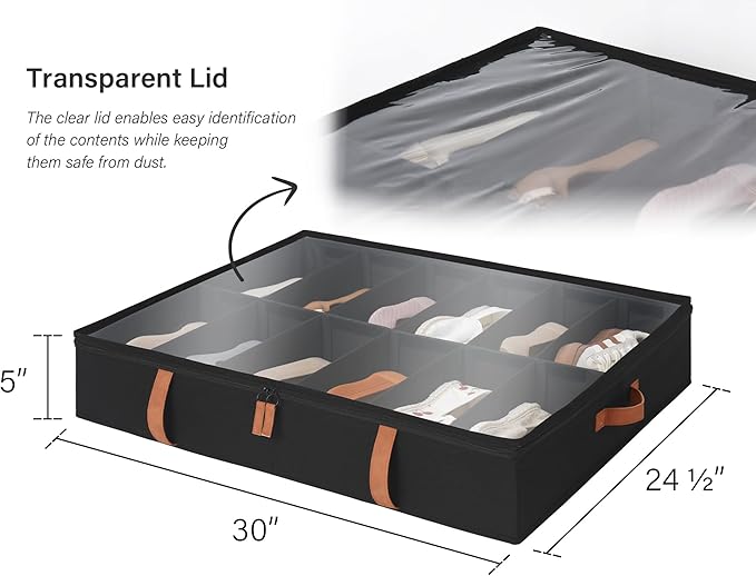 StorageWorks Shoe Organizer Under Bed for Closet, 2-Pack Ultra-thick Fabric Shoe Storage Containers with Bottom Support and Adjustable Dividers, Fits up to 24 Pairs, Black-Ruum Studio Home