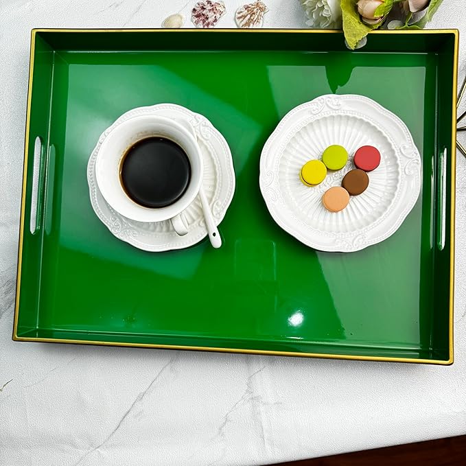 Large Decorative Tray, Emerald Green Serving Tray with Handles, Plastic Coffee Table Tray for Ottoman, Living Room, Bathroom, Decor. 15.7” x 11.8” x1.6”-Ruum Studio Home
