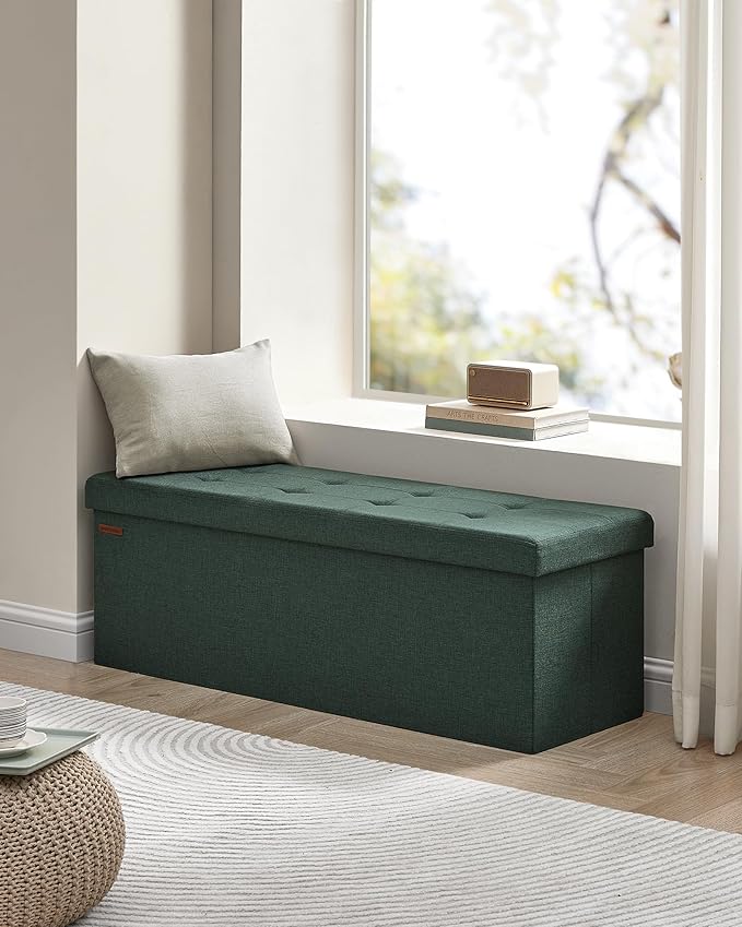 SONGMICS MAZIE Collection - 43 Inches Folding Storage Ottoman Bench, Ottoman Foot Rest, End of Bed Bench, Storage Chest, Load 660 lb, for Living Room, Bedroom, Entryway, Retro Green ULSF077C01-Ruum Studio Home