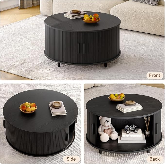 Round Coffee Table with Storage, 31.5" Modern Coffee Table with 360° Curved Sliding Door, Fluted Wood Accent Coffee Table with Adjustable Footpads, Round Center Table for Living Room, Black-Ruum Studio Home