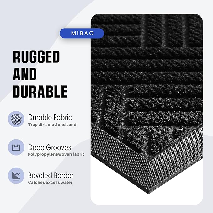 Mibao Front Door Mat Outside Entrance, Durable Outdoor Indoor Mat, Low Profile Heavy Duty Doormat, Non-Slip, Traps Dirt and Moisture, Easy Clean Patio Porch Entryway Mat, 24" x 36", Black-Ruum Studio Home