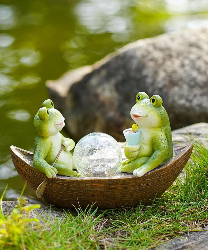 Solar Frogs Boating Statue Garden Decor: Outdoor Sculpture Lights Decorations Art Ornament Yard Lawn Backyard - Ideal Gifts for Women Mom Grandma-Ruum Studio Home