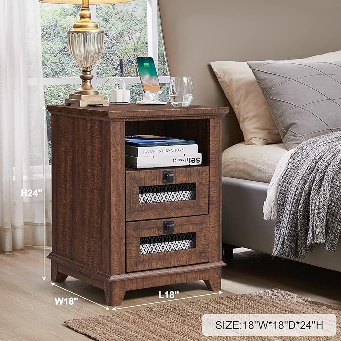 Nightstand with Charging Station,OKD 18'' Industrial & Farmhouse End Table with 2 Drawers &Open Cubby, Rustic Mesh Drawer Sofa Side Table w/Storage for Bedroom, Living Room, Office, Reclaimed Barnwood-Ruum Studio Home