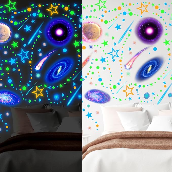 Spakon 495 Pcs Glow in The Dark Moons and Stars Wall Decals for Ceiling,Glowing Planets Wall Stickers Removable Galaxy Solar System Space Decal Nursery Stickers for Kids Bedroom Living Room Decor-Ruum Studio Home