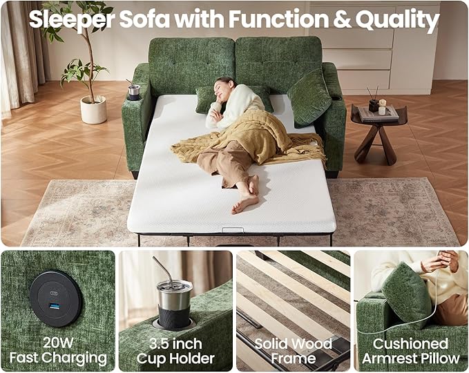 CHIC HOUSE Pull Out Sofa Bed, Full Size Sleeper Sofa, 2-in-1 Convertible Chenille Couch with USB Charging, Memory Form Couch for Living Room, Apartment & Small Space (Green, Chenille - Full)-Ruum Studio Home