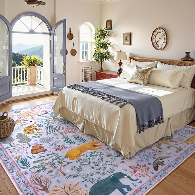 OJIA Animal Washable Area Rug 8x10, Boho Rugs for Living Room Playroom 8 x 10 Kids Bedroom Rugs, Non-Slip Ultra-Thin Indoor Large Floor Carpet for Dining Room Nursery Farmhouse-Ruum Studio Home