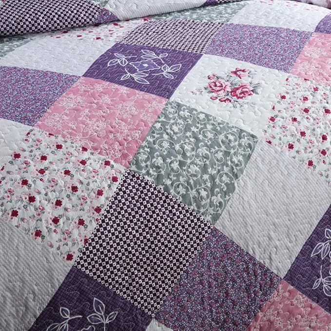 NEWLAKE Quilt Bedspread Sets-Floral Checkered Pattern Reversible Coverlet Set,Queen Size-Ruum Studio Home