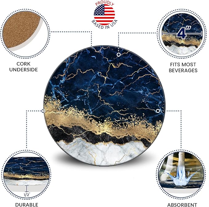 Emerson Coasters for Drinks Absorbent Set of 6 with Holder – Marble Style Coasters – Coasters for Drinks – Drink Coasters for Coffee Table – 100% Ceramic Stone Non Slip – Heavy Duty (Ripple)-Ruum Studio Home
