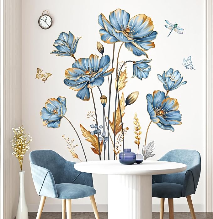 decalmile Large Blue Flower Wall Stickers Floral Butterfly Plants Gold Leaves Wall Decals Bedroom Living Room Sofa TV Background Wall Decor-Ruum Studio Home