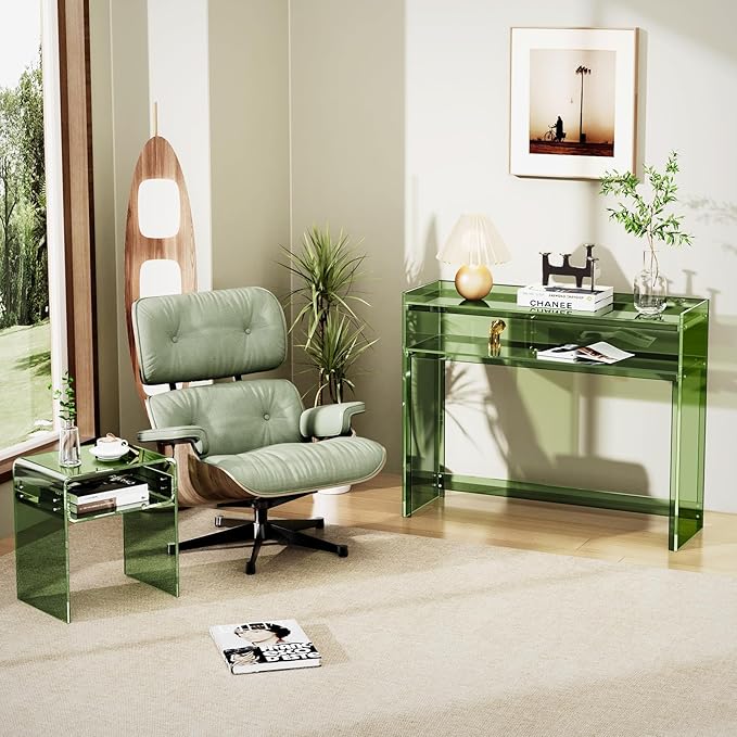Acrylic Console Table, Entryway Table with Storage Shelves (Green)-Ruum Studio Home
