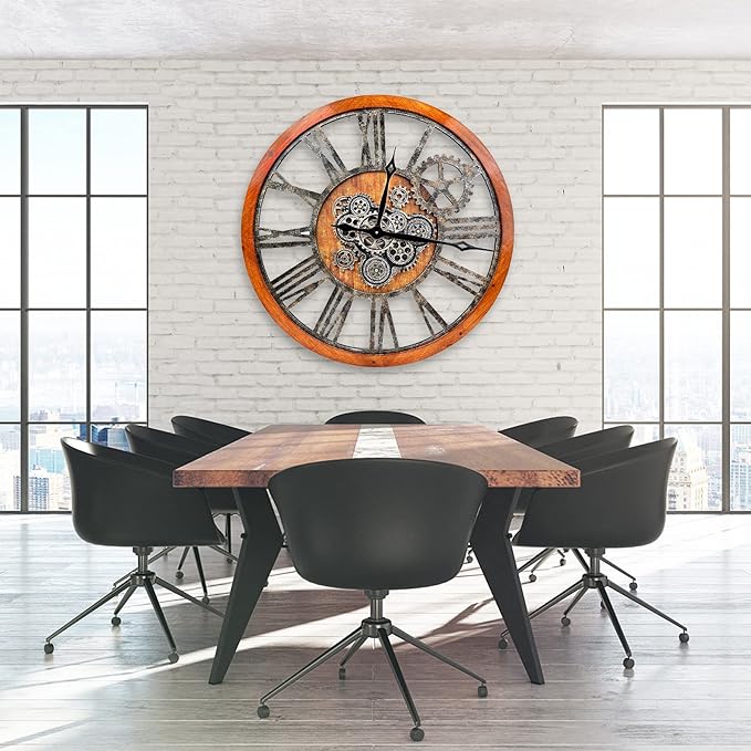 The B-Style 36" Large Moving Gear Wall Clock Oversized Vintage Farmhouse Wall Clocks for Living Room Decor Rustic Industrial Wood Clock (Brwon with Bronze Gears)-Ruum Studio Home