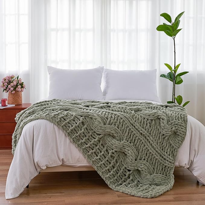 Esterra Chunky Knit Blanket Throw 50"x60", 100% Hand Knitted Chenille Throw Blanket, Cozy Soft Thick Cable Knit Throw Large Rope Knot Crochet Throw Blanket for Sofa Couch Bed, Sage Green-Ruum Studio Home