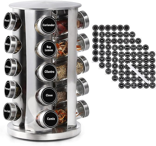 DOUBLE 2 C Revolving Spice Rack with 20 Jars, Rotating Spice Rack Organizer, Seasoning Organizer with Labels, Stainless Steel Spice Carousel for Kitchen Countertop, Cabinet-Ruum Studio Home