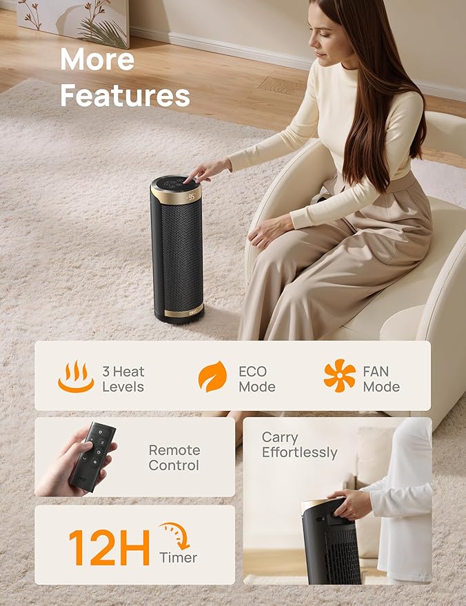 Dreo Space Heater, 1500W Electric Heaters for Indoor Use with Thermostat, 70° Oscillation, 8 Safety Protections, 5 Modes, Remote, 12H Timer, Quiet Portable Heater for Office, Bedroom, Large Room-Ruum Studio Home