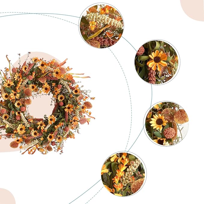 Bibelot Fall Front Door Wreath, 22" Artificial Floral with Colorful Daisies and Autumn Foliage - Orange for Wall, Window and Thanksgiving Decor-Ruum Studio Home