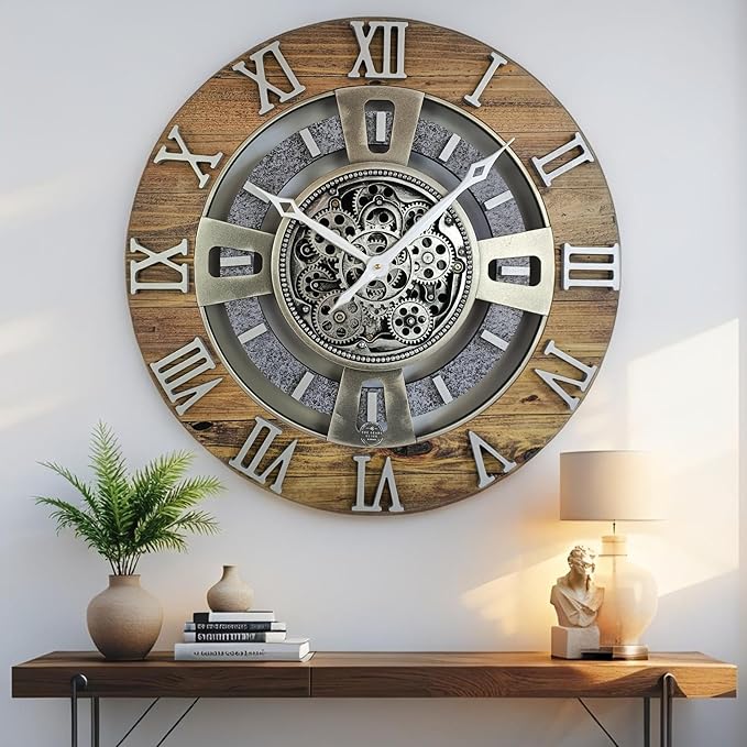 The Gears Clock Real Moving Gear Wall Clock England Line (Wood & Stone, 24 inches (60 cm))-Ruum Studio Home