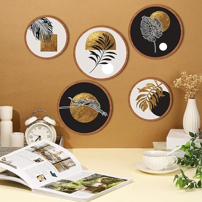 Qunclay 5 Pcs Wall Art Decor Wooden Living Room Wall Decor Bohemian Hanging Farmhouse Geometric 10'' and 8'' Aesthetic Wood Minimalist Posters for Bedroom(Rustic, Leaf)-Ruum Studio Home