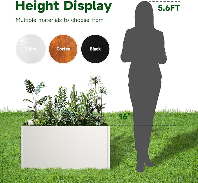 Galvanized Steel Garden Planter - White Matt Galvanized Metal Planter Box - Modern Metallic Heavy Planter - Indoor & Outdoor, Commercial & Residential (White, L36 x W12 x D16)-Ruum Studio Home