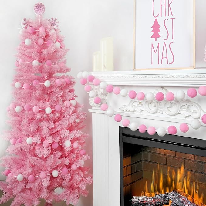 TBD Decor 2pk Pink Pom Pom Garland 13FT 4cm Large Felt Ball Garland Shower Decorationsfor Mantle,Indoor Holiday Wedding Birthday Gender Reveal Party Supplies-Ruum Studio Home