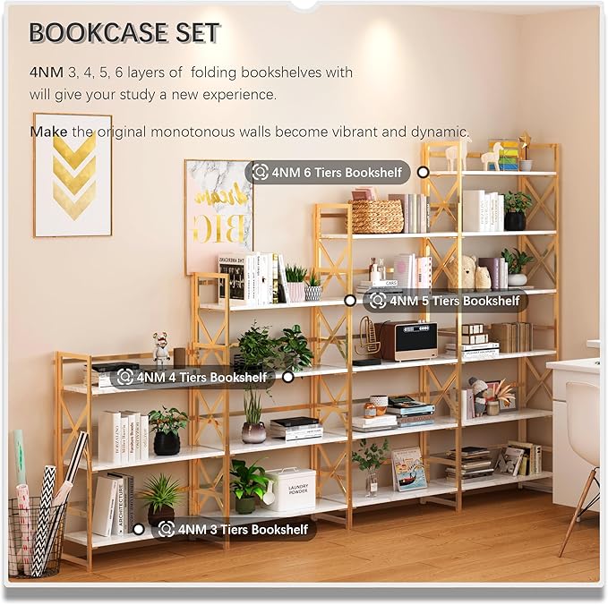 4NM 5 Tiers No Assembly Book Shelves, 51.2" H Folding Bookshelf Bookcase Open Industrial Foldable Shelves for Bedroom, Living Room, Home Office - White Gold-Ruum Studio Home