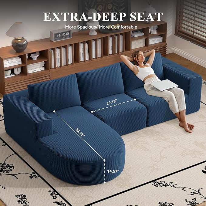 Modular Sectional Sofa with L-Shape Chaise,Cloud Sectional Modern Sleeper Couch with Deep Seat,Sponge Compression Sofas No Assembly Required (Blue-Corduroy Fabric) 1PCS-Ruum Studio Home