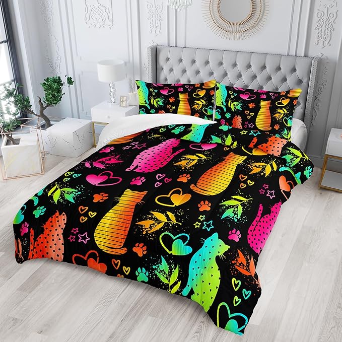 Kawaii Cat Animal Comforter 3Pcs Full Lovely Pet Cat Bedding Set for Kid Teen Girl Boy Adult Room Decor Cartoon Kitten Paw Heart Bamboo Leaf Pattern Quilt with 1 Comforter and 2 Pillowcases-Ruum Studio Home