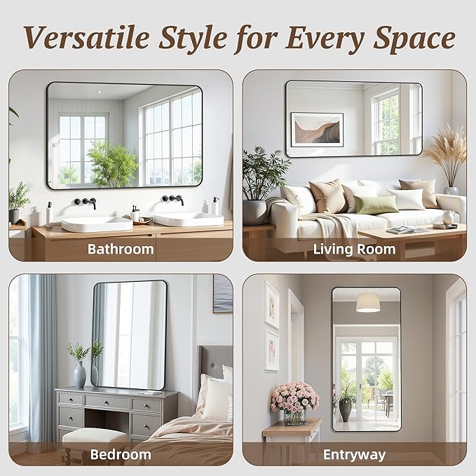 Bathroom Mirror 55" x 36", Large Rectangle Wall Mirror, Black Metal Frame Wall Mounted Mirrors for Bathroom, Vanity, Bedroom, Entryway Decor(Horizontal/Vertical)-Ruum Studio Home