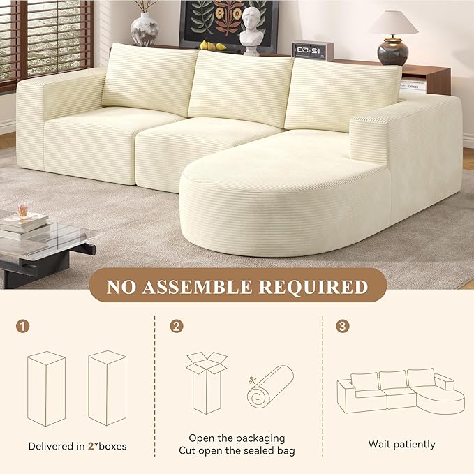 Modular Sectional Sofa with L-Shape Chaise,Cloud Sectional Modern Sleeper Couch with Deep Seat,Sponge Compression Sofas No Assembly Required(Beige-Corduroy Fabric) 1PCS-Ruum Studio Home