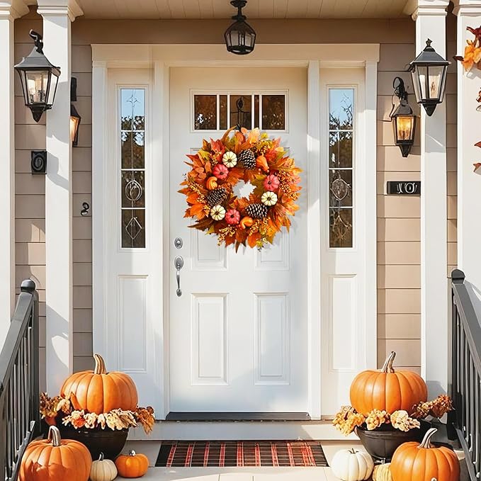 Fall Decor - Fall Wreaths for Front Door Outside, 2 Pack 20 Inch Fall Door Wreath, Handcrafted Autumn Wreath with Colorful Pumpkins Maple Leaves, Fall Decorations for Home Door Wall Thanksgiving Decor-Ruum Studio Home