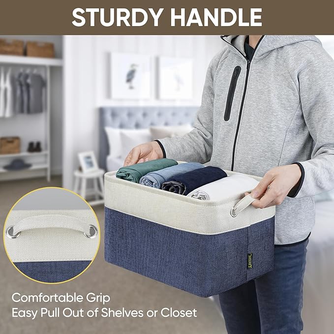 BALEINE 4 Pack Fabric Storage Bins for Shelves, Linen Storage Baskets for Organizing, Decorative Closet Bins for Clothes, Home (Navy Blue, 15"x11"x9.5")-Ruum Studio Home