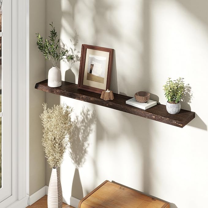 55" Floating Shelves, Live Edge Elm Wood Floating Shelf for Wall, Wall-Mounted Display Shelves with Invisible Heavy-Duty Bracket, Long Floating Shelf for Bathroom, Kitchen, Living Room, Walnut Color-Ruum Studio Home