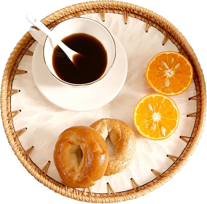 Round Rattan Tray with Mother of Pearl Inlay & Wooden Base - Decorative Wicker Serving Tray for Coffee/Bread/Fruits, Food Storage & Display - Multipurpose Home Decor (M,White Leaves)-Ruum Studio Home