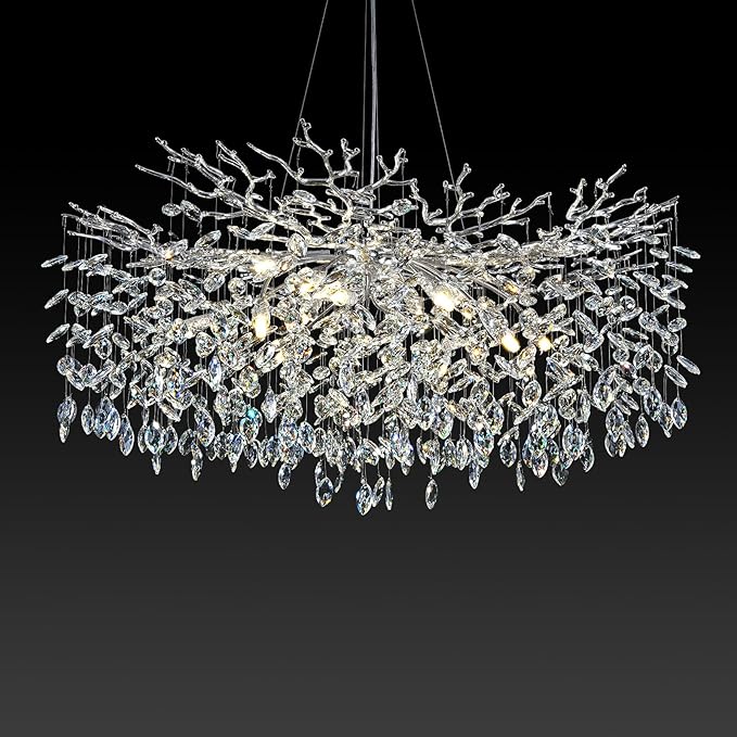 Modern Crystal Chandeliers for Dining Room, 40" Round Silver Tree Branches Chandeliers, Large Dining Room Over Table Chandeliers Lights Fixture, Branches and Crystals Ceiling Light Fixtures-Ruum Studio Home