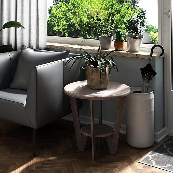 Rustic Farmhouse end Table with Storage Shelf, French Country Accent Side Table for Family, Dinning or Living Room, Small Spaces, Modern, Round, Vintage Grey Finish-Ruum Studio Home