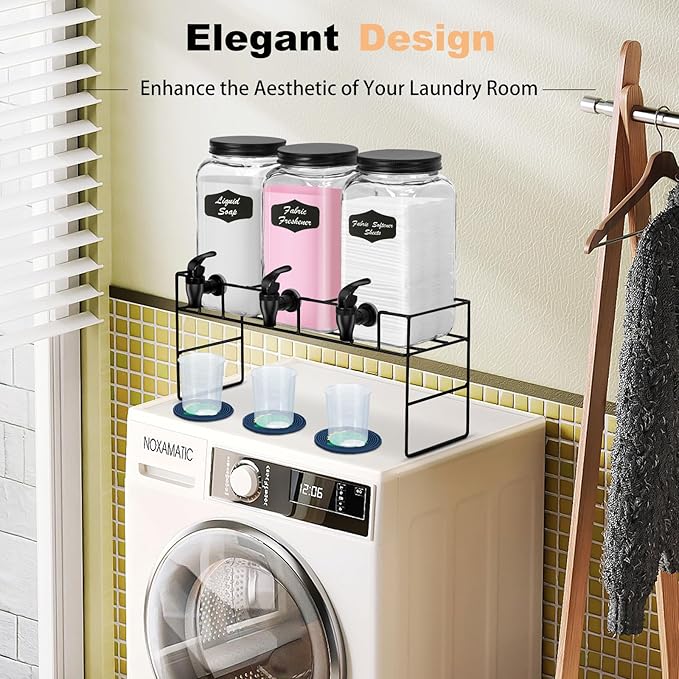 3-Pack 2.2L Glass Laundry Detergent Dispenser Set with Stand - Premium Liquid Soap Dispenser with PP Spigots, Measuring Cups, and Chalkboard Labels for Laundry Room Organization and Storage-Ruum Studio Home