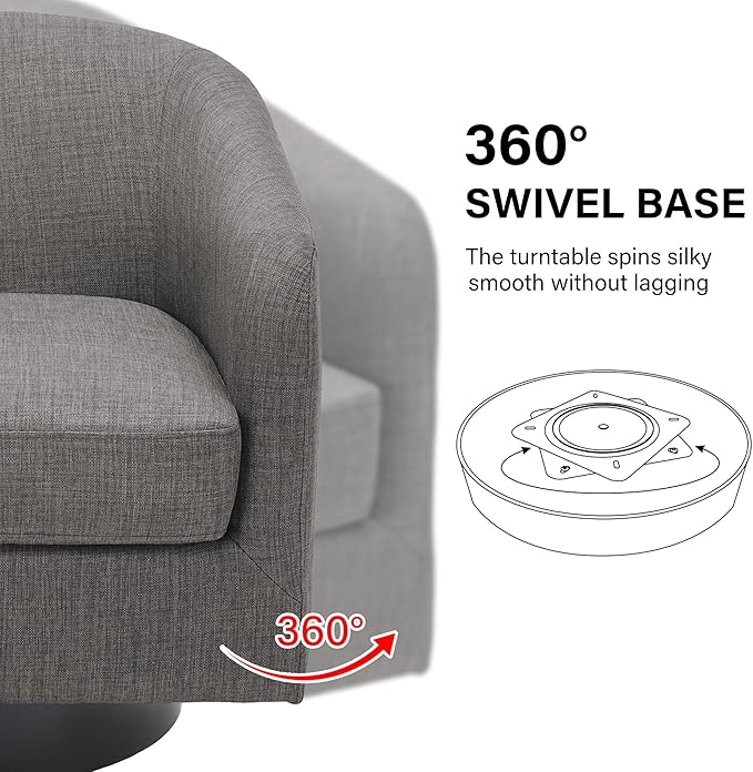 Swivel Barrel Accent Chair, Modern Round Linen Arm Chair for Living Room, Bedroom, Comfy Club Reading Chairs for Adults（Linen Fabric, Grey, Set of 2-Ruum Studio Home
