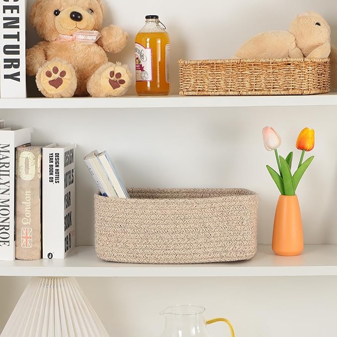 Small Storage Baskets for Organizing | Closet Organizer Bins | Shelf Toy Basket | Woven Rope Baskets | Cube Decorative Box | Shallow Basket | 11.5x7.5x4.7” | 3 Packs Mixed Brown-Ruum Studio Home