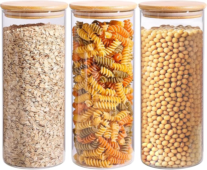 ComSaf 1.7 Qt Glass Storage Containers with Lids, Glass Jars with Lids, Clear Food Storage Jar, Round Canister Set of 3, Pantry Organizers for Pasta Flour Cookie Rice Tea Coffee Bean-Ruum Studio Home